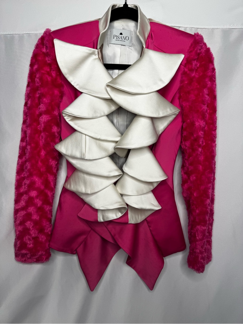 Hot Pink Ruffle-Front Blazer with Cream Accents